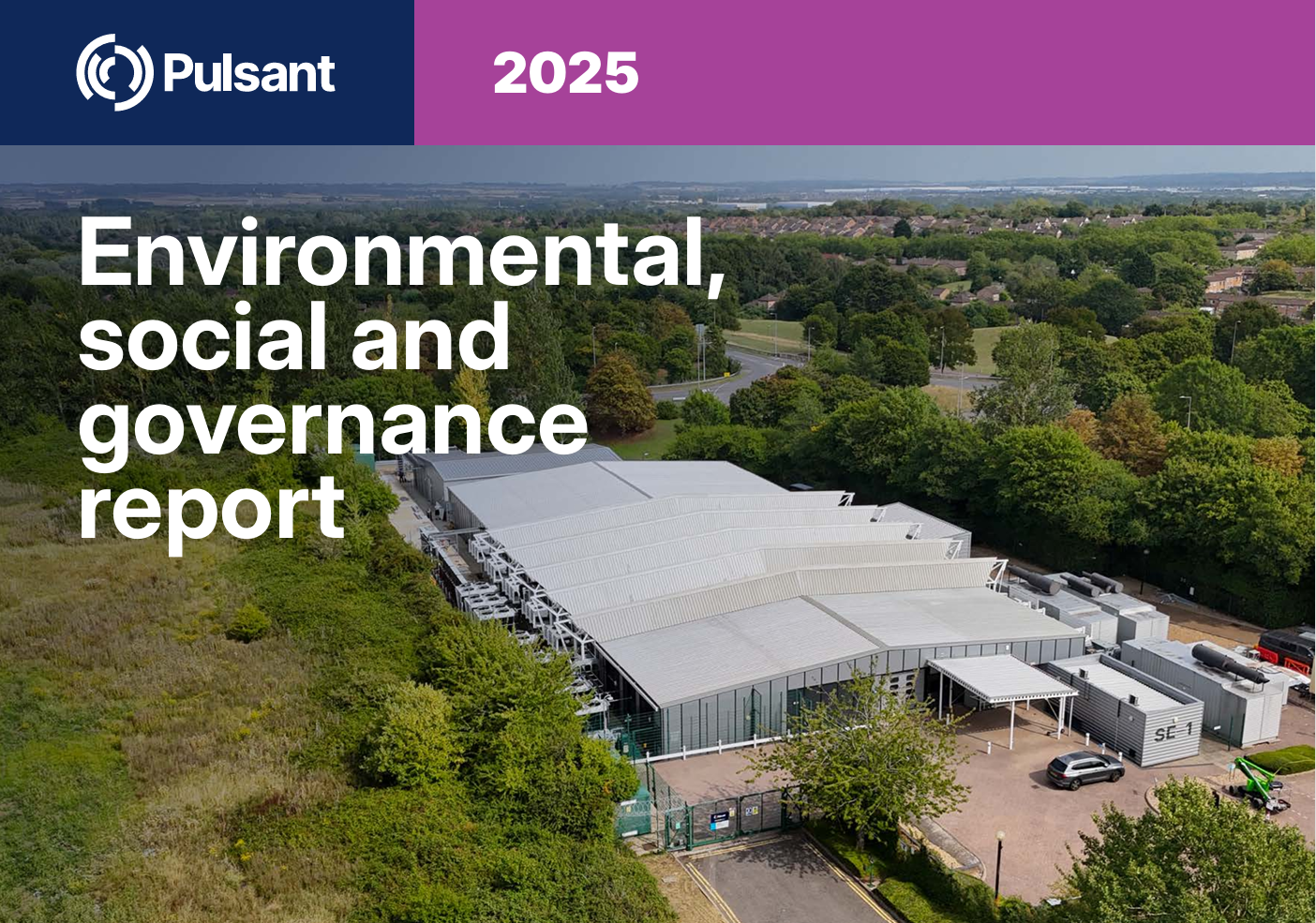 Front cover of the Pulsant 2025 ESG report shows a data centre surrounded by trees and greenery.